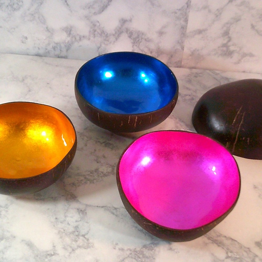 SOLD!! (A Set of 5) Beautiful Decorative Coconut Bowls With Vibrant Foil Colors